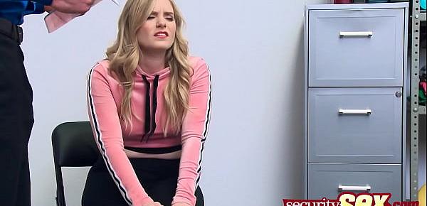  Beautiful blonde teen with pink pussy and nipples receives what she deserves by a horny guard.